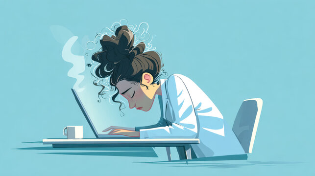 Overworked and exhausted office worker resting on desk with a laptop