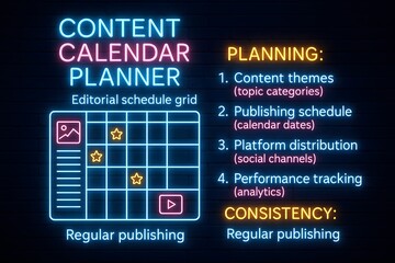 Content Planning Infographic with Glowing Editorial Calendar for Social Media Strategy
