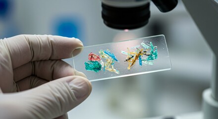 Scientist holding a microscope slide with colorful microplastic particles. Environmental pollution concept for research and analysis.