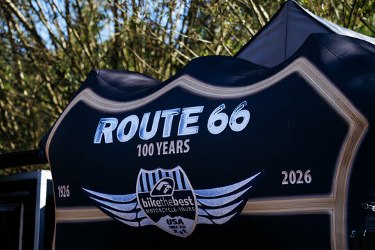 Faaker See, Austria - September 01, 2025: Route 66 banner celebrating 100 years of motorcycle culture at European Bike Week, showcasing iconic heritage and community spirit