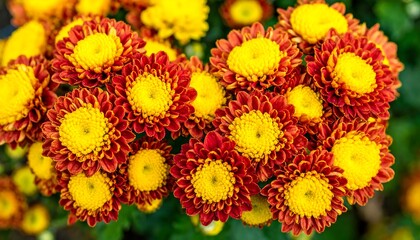 Vibrant yellow and red chrysanthemums in full bloom