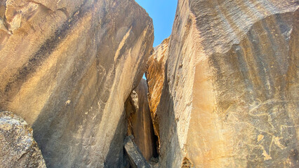 Mountain landscape with a large rock formation that looks like a cave. Rock paintings. Gobustan is an archaeological site in Azerbaijan, famous for its petroglyphs