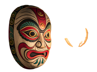 Traditional Korean mask with dramatic spotlight and abstract shapes culture