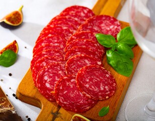 Sliced salami on wooden board with figs and basil
