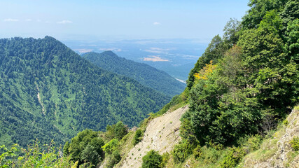 Beautiful green mountain range with lush forests. Tufandag ski resort in summer. A trip to...