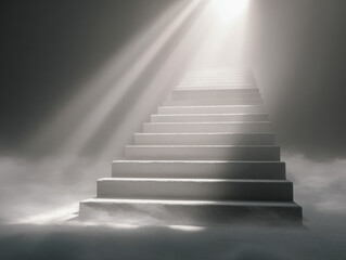 A surreal staircase ascending through mist and clouds into a radiant beam of light, symbolizing hope, enlightenment, and a journey to the unknown beyond the visible horizon
