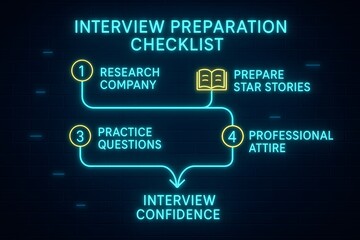 Obraz premium Interview Preparation Infographic with Glowing Success Strategies for Job Seekers