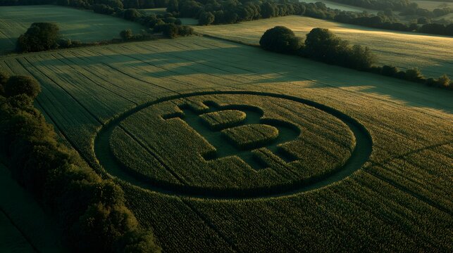 Aerial view of a bitcoin symbol crop circle in a grassy field at sunrise