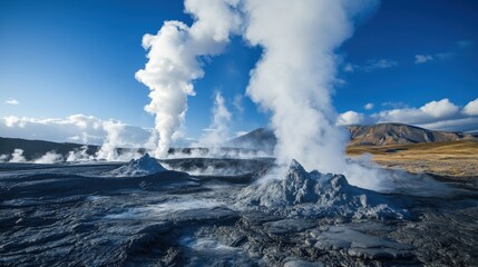 Steam rises from geothermal vents in a volcanic landscape.