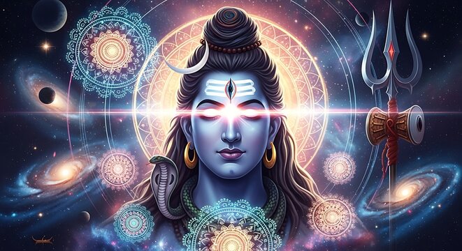 Cosmic Hindu Deity Illustration with Bright Light Aura and Space Background