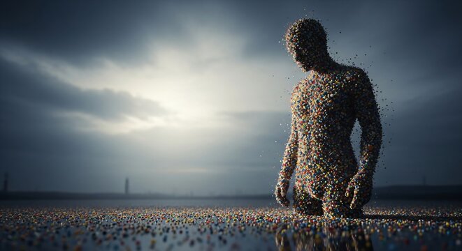 Humanoid figure made from plastic waste stands in a vast junkyard. Environmental pollution and recycling concept.