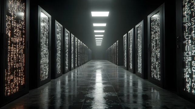 Dark server room with glowing racks and reflective floor