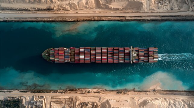 Massive container ship navigates the suez canal from above