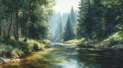 Obraz premium Serene watercolor painting features a river flowing through a lush green forest scene.