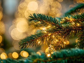Evergreen tree branches adorned with warm golden fairy lights glowing softly with festive bokeh in the background creating a cozy holiday ambiance and charm