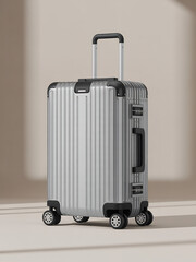 Sleek silver suitcase with black accents stands ready for travel adventures and business trips alike on transparent background