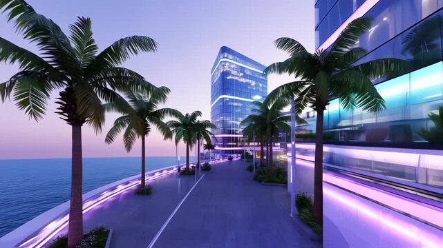 Coastal city avenue at twilight.  Modern glass buildings line a paved walkway overlooking a tranquil ocean, accented by palm trees and vibrant lighting