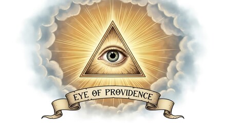 All-Seeing Eye of Providence in Triangle with Rays and Clouds, Banner Below