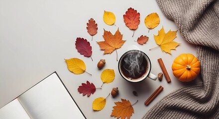 Cozy autumn flat lay with a steaming cup of coffee, colorful fall leaves, a small pumpkin, cinnamon sticks, and an open book, perfect for seasonal promotions or lifestyle content