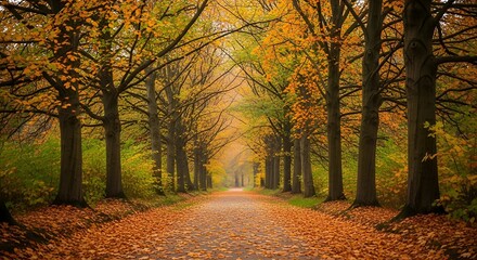 Scenic autumn pathway lined with vibrant trees displaying a tapestry of golden and orange foliage, creating a picturesque and inviting natural vista