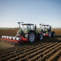 Fototapeta premium Two modern green tractors with precision planters working in a vast agricultural field.