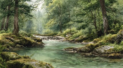 Obraz premium Watercolor painting showcasing a serene river flowing through a lush, green forest landscape