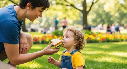 Naklejka premium A woman and a child sharing a sandwich in a park with a colorful flower bed in the background.