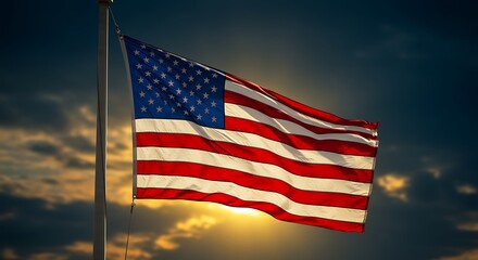 American Flag Waving at Sunset