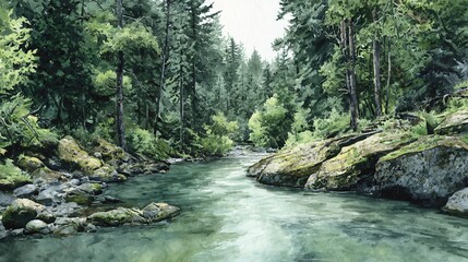 Obraz premium Watercolor painting features a tranquil river flowing through a lush, green forest scene.