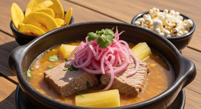 Authentic Ecuadorian Encebollado with Chifles on a Wooden Table