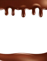 Melted chocolate dripping with sweet creamy texture and flowing liquid stream symbolizing dessert topping and confectionery ingredient, isolated on white background