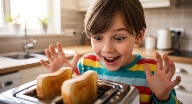 A young boy in a striped shirt is excitedly looking at a toaster with two pieces of bread in it.
