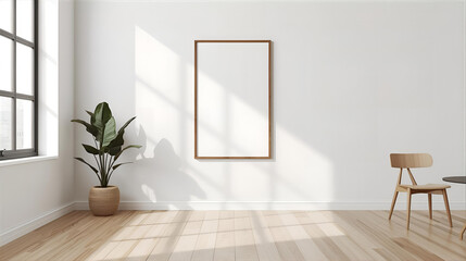 Minimalist room with a blank wooden frame on a white wall, featuring a potted plant and modern wooden furniture, bathed in natural sunlight