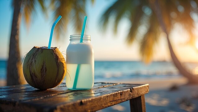 Refreshing tropical beach composition with a coconut drink resting on wood table by the ocean, evoking natural calmness and summer relaxation.