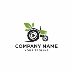 A green tractor with leaves on its wheel, symbolizing eco-friendly agriculture and farming, with the text "COMPANY NAME" and "YOUR TAGLINE" below.