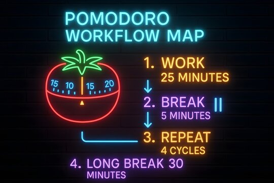 Pomodoro Technique Workflow with Timer and Break Schedule for Productivity Management