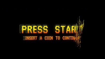 Glitch Animation of Press Start Insert Coin to Continue Retro Video Game Screen