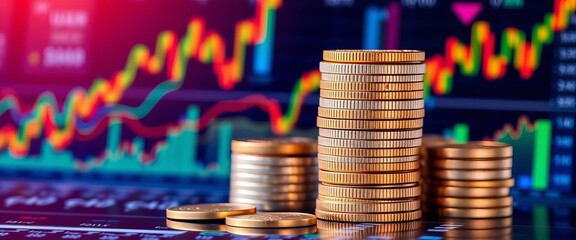 Stacked coins with overlaid financial charts and data visualizations, digital, bond