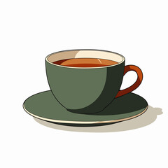 Illustrated dark green teacup, orange handle, warm brown tea, on matching saucer, isolated on white, ideal for cozy drink.