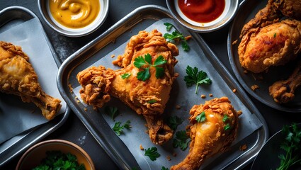 Flat lay of Golden brown fried chicken drumsticks