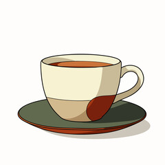 A charming, hand-drawn illustration featuring a warm cup of tea served in a stylish, cream-colored mug with a dark saucer, perfect for cozy beverage concepts.