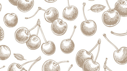 Vintage drawing cherry sketch wallpaper. Brown pattern on white background, sketch style.