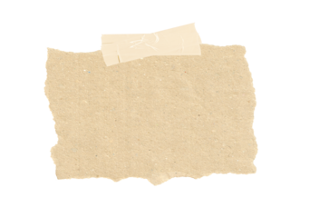 Brown torn paper note with adhesive tape isolated on a white background, Vintage grunge note paper pieces with ripped tape labels.