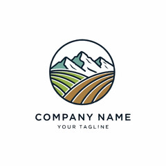 Naklejka premium Circular landscape logo with stylized mountains and rolling farm fields, ideal for an agricultural or nature-based company.