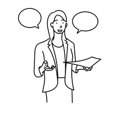 線画で描かれた吹き出しと書類を持ち説明する女性ビジネスパーソンのベクターイラスト｜会議やコミュニケーションを強調した発表シーンに適したシンプルな人物素材