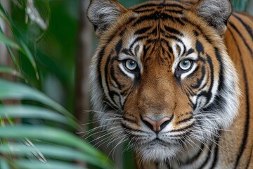 Naklejka premium Tiger Staring Through Jungle Foliage