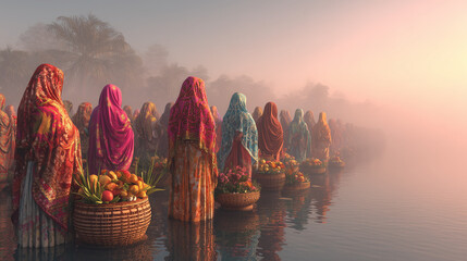 Chhath Puja, depiction of women in vibrant sarees standing in river water offering prayers to the rising sun