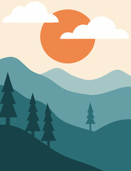 Minimalist mountain landscape with pine trees and sun in a serene flat design style