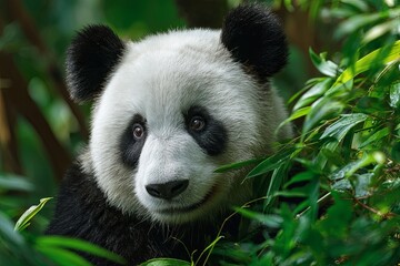 Obraz premium Calm Panda Surrounded by Green Bamboo