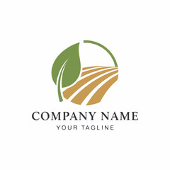 Agricultural logo design featuring a green leaf and plowed farm fields in a circular emblem.